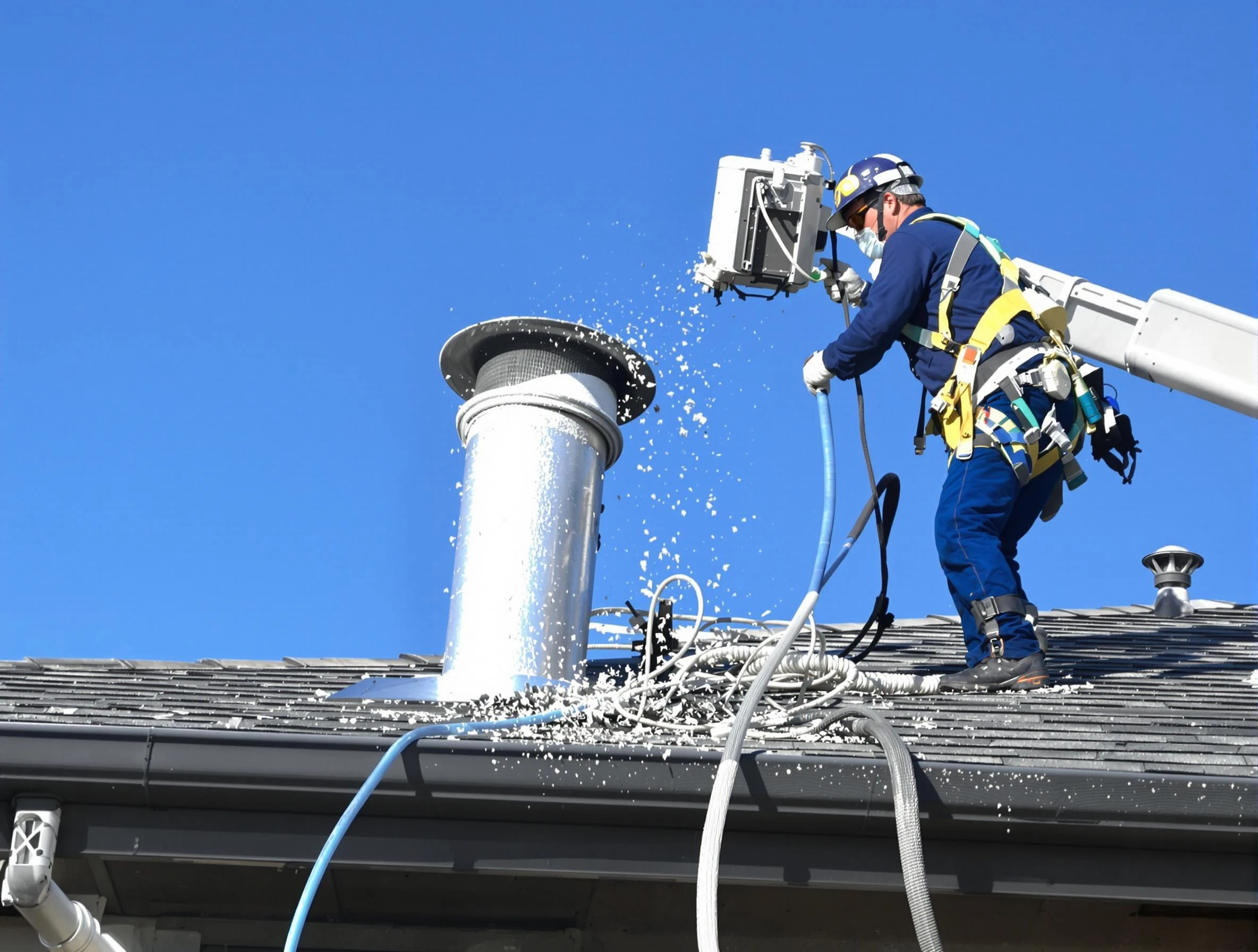 Midway Dryer Vent Cleaning certified technician safely cleaning a roof-mounted dryer vent in Midway